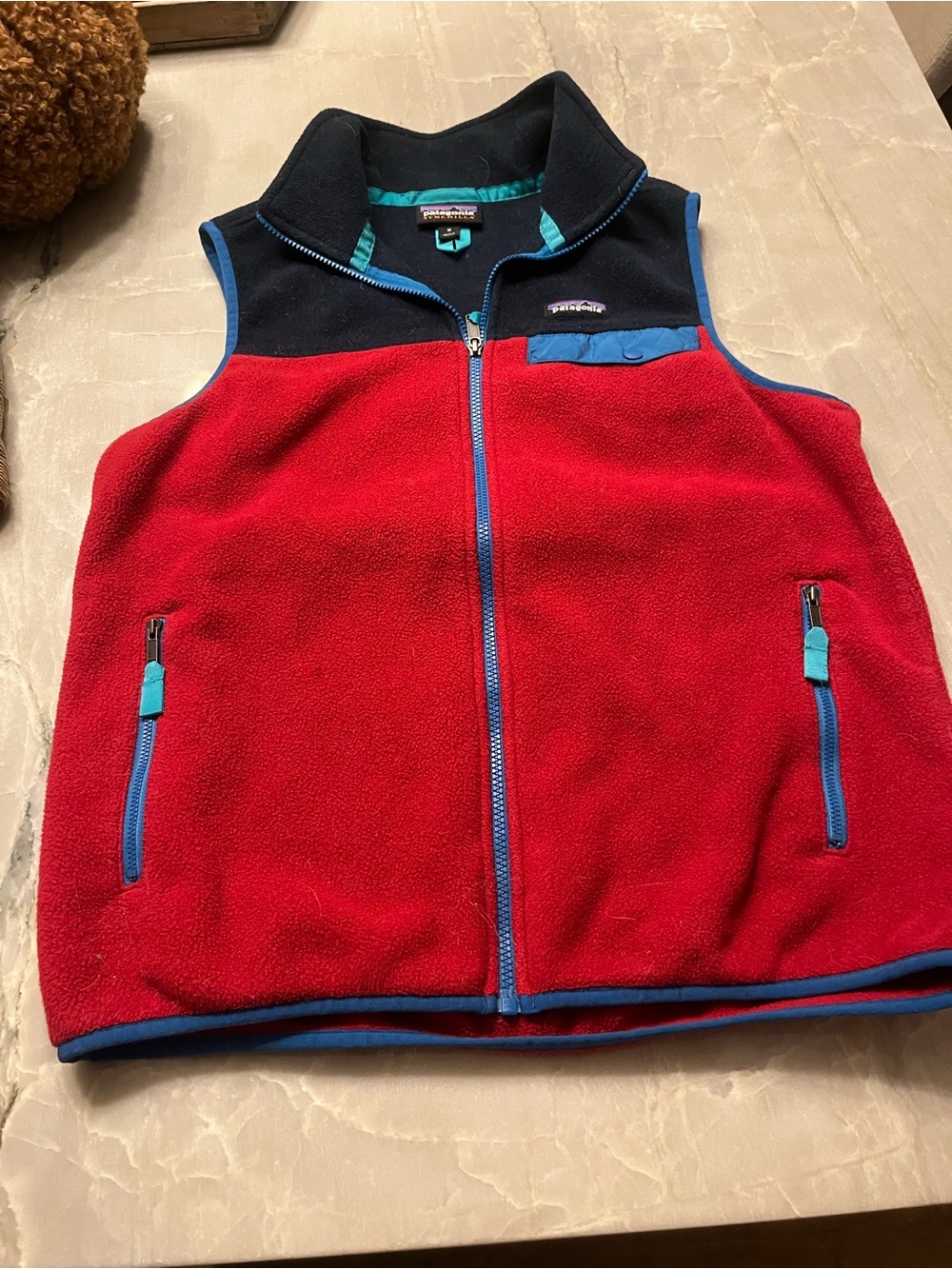 Patagonia Red Fleece Vest with Navy and Blue Trim